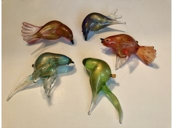 5 MURANO Hand Blown Glass Birds And One Dogwood Branch