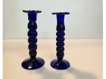 Two Cobalt Blue Glass Candle Sticks