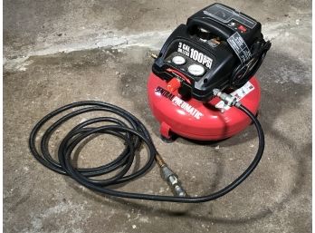 Great CENTRAL PNEUMATIC Three (3) Gallon Pancake Air Compressor With Hose - 100 PSI - Tested / Works Fine
