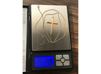 Solid 14kt Gold Cross & Necklace 7.1 Grams - 4.6 DWT - Chain Damaged - Cross Marked 14K CREED