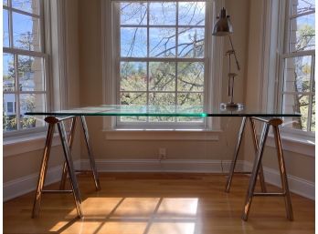 Glass And Chrome Sawhorse Desk, Bloomingdale's, Beveled Edge