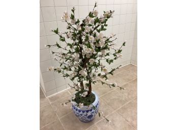 Faux Dogwood Plant In Delft Color Chinese Design Planter