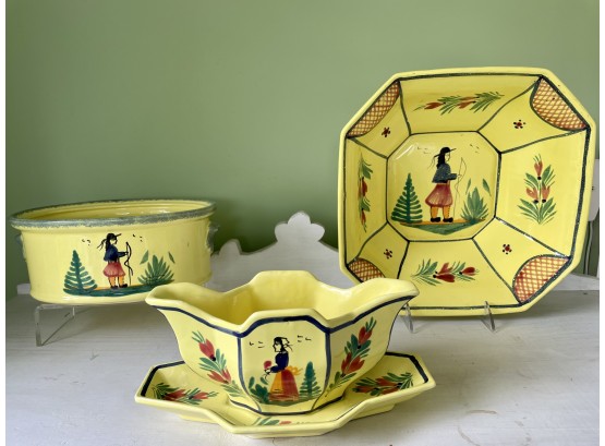 Trio Of Vintage 'Soleil Yellow' Quimper Serving Dishes