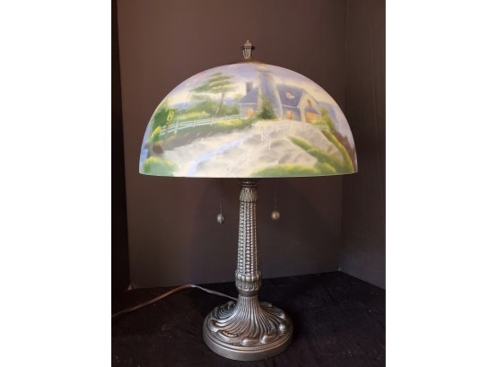 Beautiful Thomas Kinkade A Light In The Storm Reverse Painted Table Lamp
