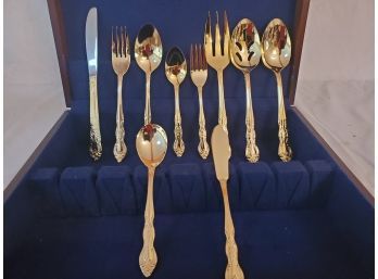 New In Box 45 Piece Estia Gold Plated Flateware Set In Wooden Serving Box