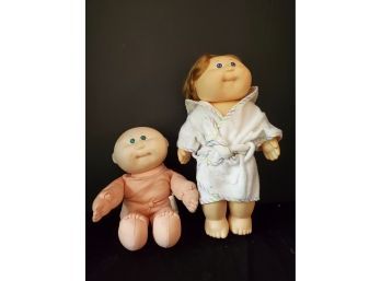 Two Vintage Cabbage Patch Dolls - 1985 Baby Doll And Boy In Terry Robe Signed