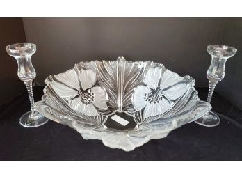 Beautiful Mikasa Crystal Trio - Pair Of Swirl Base Candlestick Holders & Large Centerpiece Bowl
