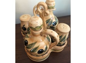 New Provincial Olives Hand Painted Collection Oil Vinegar Salt & Pepper Set Gon A Small Caddy