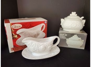Lovely Pair Of White Made In Japan CeramicTureen & Gibson Garden Medley Large Gravy Boat & Saucers