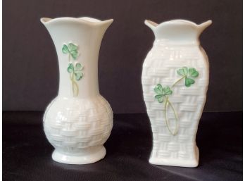 Pair Of Belleek Ireland Porcelain Basket Weave 4 Bud Vases