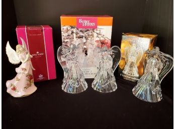 Trio Of Beautiful Angels - HSN Royal Albert Porcelain Music Box & Clear Crystal & Crystalline Candle Holders