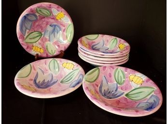 Set Of Eight New Bella Ceramica 8.75' Purple Floral Soup Bowls