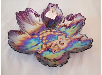 New Akcam Beautiful Purple Iridescent Flower Petal Shaped 11 Hand Crafted Glass Bowl