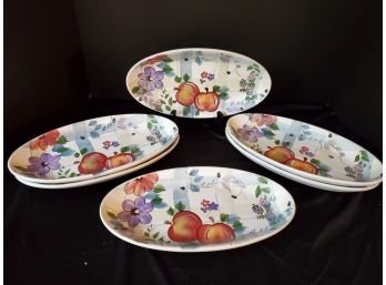 Set Of Six New Fruit & Flower Themed Oblong Ceramic Snack / Appetizer Plates