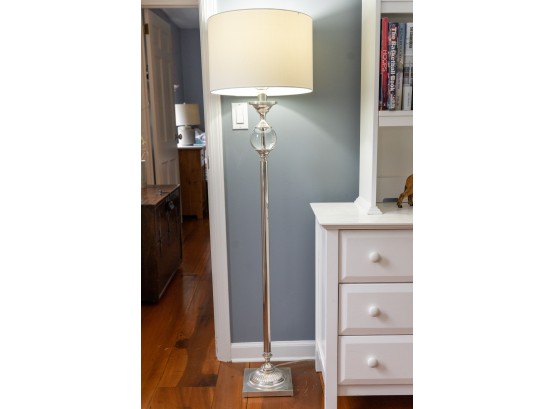 Silver Tone Floor Lamp W Glass Orb, Finial And Cream Tone Shade