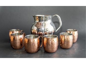 Sitlax India Silver Tone Pitcher W 6 Silver And Copper Tone Hand Hammered Mugs