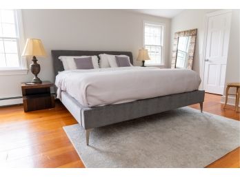 CB2 Grey Upholstered King Bed -tailored All The Way Around W Sealy Posturepedic Crown Jewel Mattress