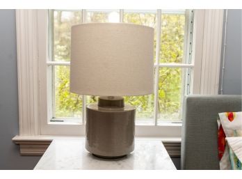 Greige Cylinder Shape Ceramic Table Lamp W Textured Shade And Finial