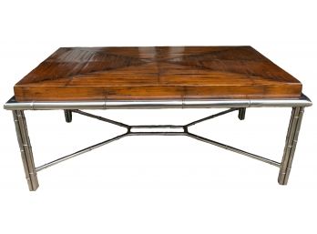 Wood Topped Table With Faux Bamboo Style Metal Legs And Stretcher