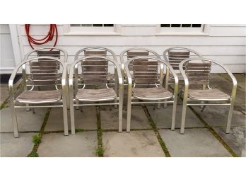 Chrome Tone Metal And Wood Barrel Back, Stackable, Outdoor Armchairs - Set Of 8