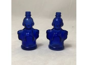 Antique Charles Jacquin Blue Glass George Washington Bottle, 2 Pieces