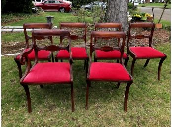 Vintage Solid Wood Ornate Dining Chairs, Red Upholstery, 6 Pieces