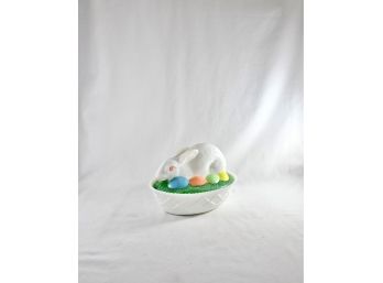 Vinage Milk Glass Painted Rabbit Candy Dish