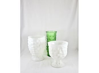 Brody Glass Co. Vases - 2 Milk Glass, 1 Green