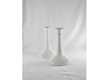 Pair Of Westmoreland English Hobnail Milk Glass Candle Holders