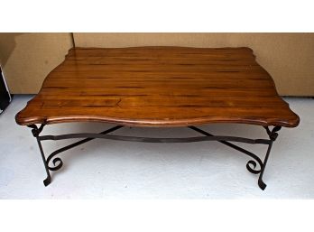 Nice Slatted Wood Top Low Center Table On Iron Base