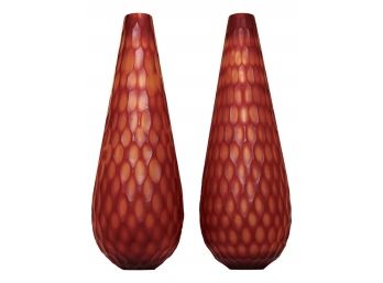 Pair Of Hand Blown Fish Scale Cut Vases