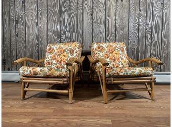 Pair Of Vintage Bamboo Rattan Chairs With Funky Floral Print