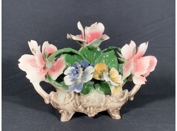 Vintage Capodimonte Porcelain Floral Basket Made In Italy