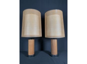 Vintage Mid Century Gruvwood Table Lamps With Double Rattan Shade