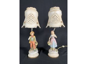 Vintage Pair Of Porcelain Figural Lamps
