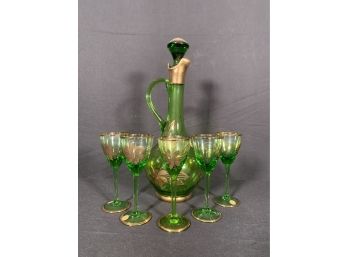 Vintage Romanian Decanter And Five Glasses