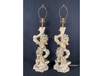 Pair Of Figural Driftwood Lotus Lamps