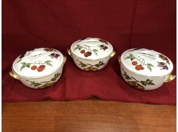 Set Of Three Matching Covered Royal Worcester Flameproof Porcelain Bowls Pattern Evesham