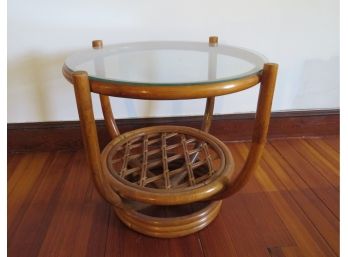 Mid-century Modern Rattan Round Glass Side Table