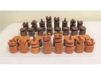 Modernist Carved Wood Chess Pieces Set