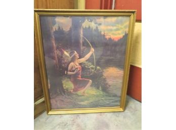 Native American Indian Maiden With Bow Vintage Framed Lithograph