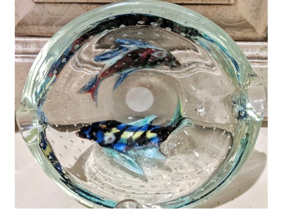 Small Vintage Bubble Fish Blown Glass Ashtray