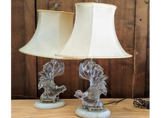 A Fabulous Pair Of Vintage Glass Rooster On Marble Base By Heisy Glassware Co.