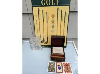Golf Memorabilia, Antique MetalWall Decor, Leather /enamel Card Box And Glass With Golfer Image Etched Within