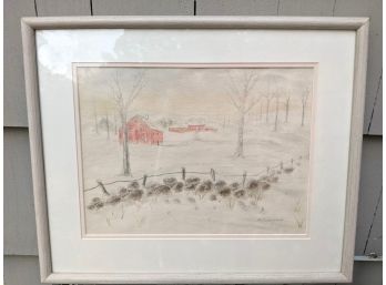 Soft Watercolor And Pencil Drawing Of Winter Farm Scene Signed And Numbered By Artist M.J. Michaud