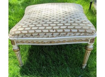 Upholstered Antique Vanity Bench With Tapered Fluted Circular Legs With Gilt Wood Carving