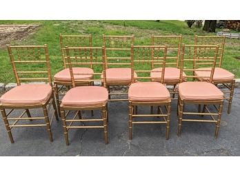 8 Hollywood Regency Style, MCM Dining Chairs,  With Peach Satin Moire Cushion, Gently Used