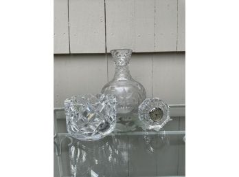 Crystal Waterford Clock, Orrefors Bowl, And Unsigned Crystal Vase