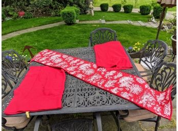 2 Red Linen Table Cloths And Cotton /Velour Runner All Are By William Sonoma