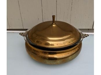 Vintage Brass Covered Serving Dish With Pyrex Glass Dish Within